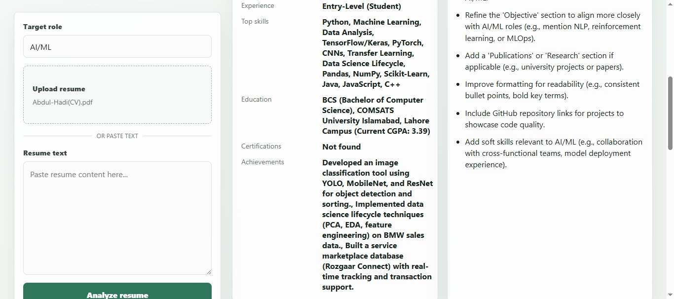 Extracted candidate details and suggested improvements